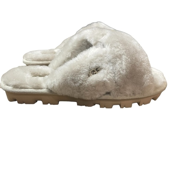 UGG Fuzzette Fluffy Cross Strap Sheepskin Slippers Goat Silver Grey NEW Size 5 - Picture 5 of 11